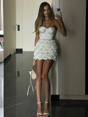 Aiertu  -  White Strapless Fishbone Dress Stereo Flower Evening Gown Slim Fit Waist Cinching Sexy Off Shoulder Backless Women Short Dresses Aiertu