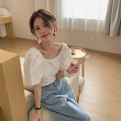 Aiertu Vintage White Blouses Women Backless Puff Sleeve Shirts Summer Korean Elegant Bow Bandage Slim Casual Simple All Match Top Aiertu