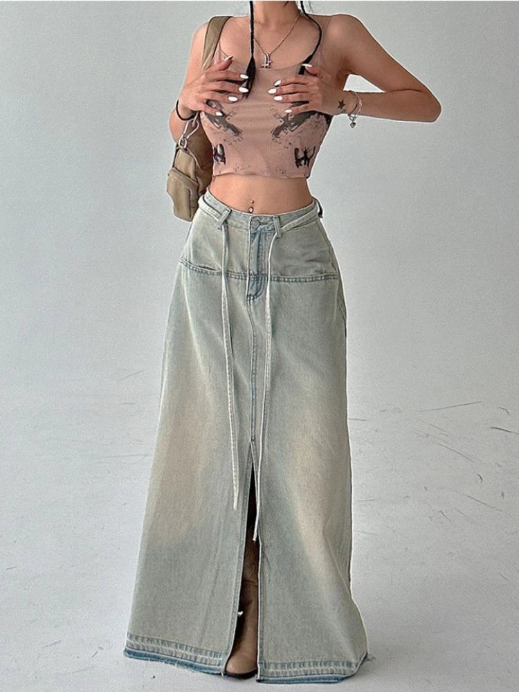 Aiertu  -  Streetwear Denim Long Skirt Women Summer Korean Fashion Y2k Split Design Vintage Skirts Sexy Patchwork Chic High Waist Aiertu