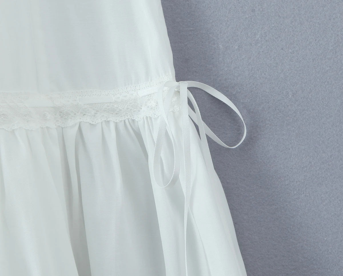 Aiertu  -  White Spliced Lace Slash Collar Corset Style Ruched Low Waist Midi Long Sling Dress Women Ribbon Swing Dresses Summer Robe Aiertu