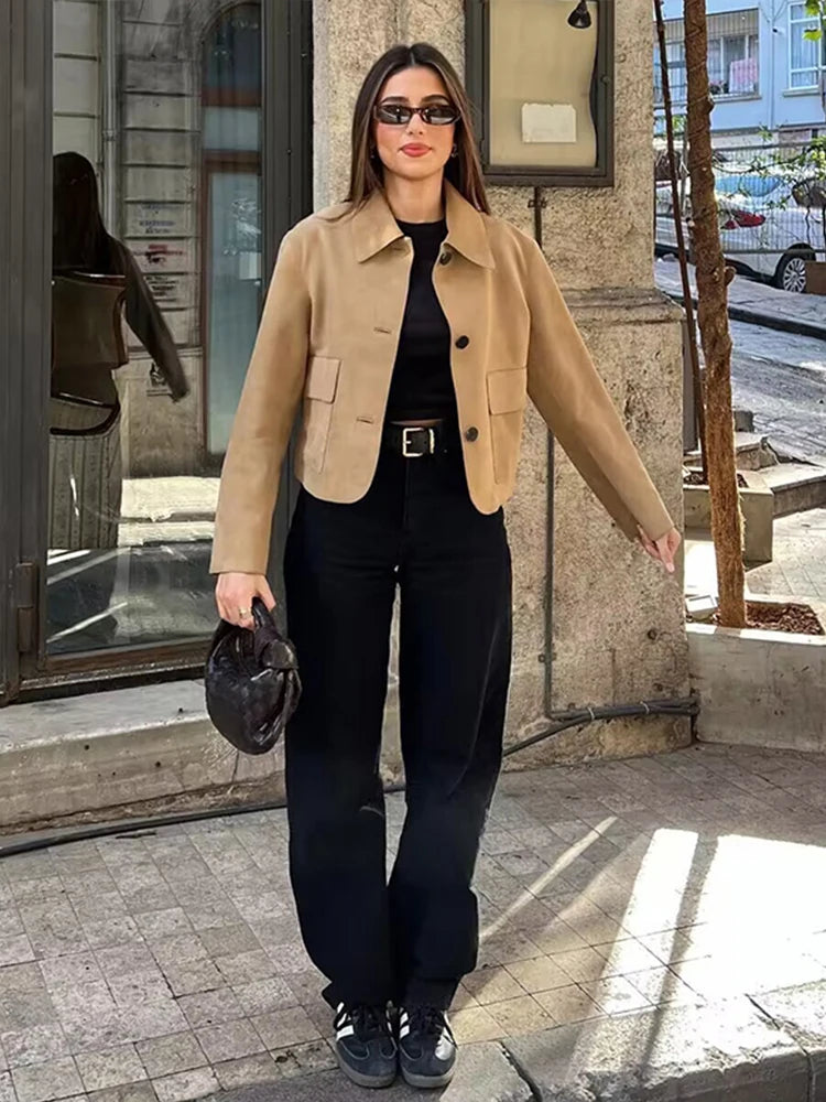Aiertu  -  Women Flip Collar Long sleeved Chamois Jacket Dark Brown Double Pocket Loose Casual Fashion Classic Short Coat 2026 Autumn New Aiertu