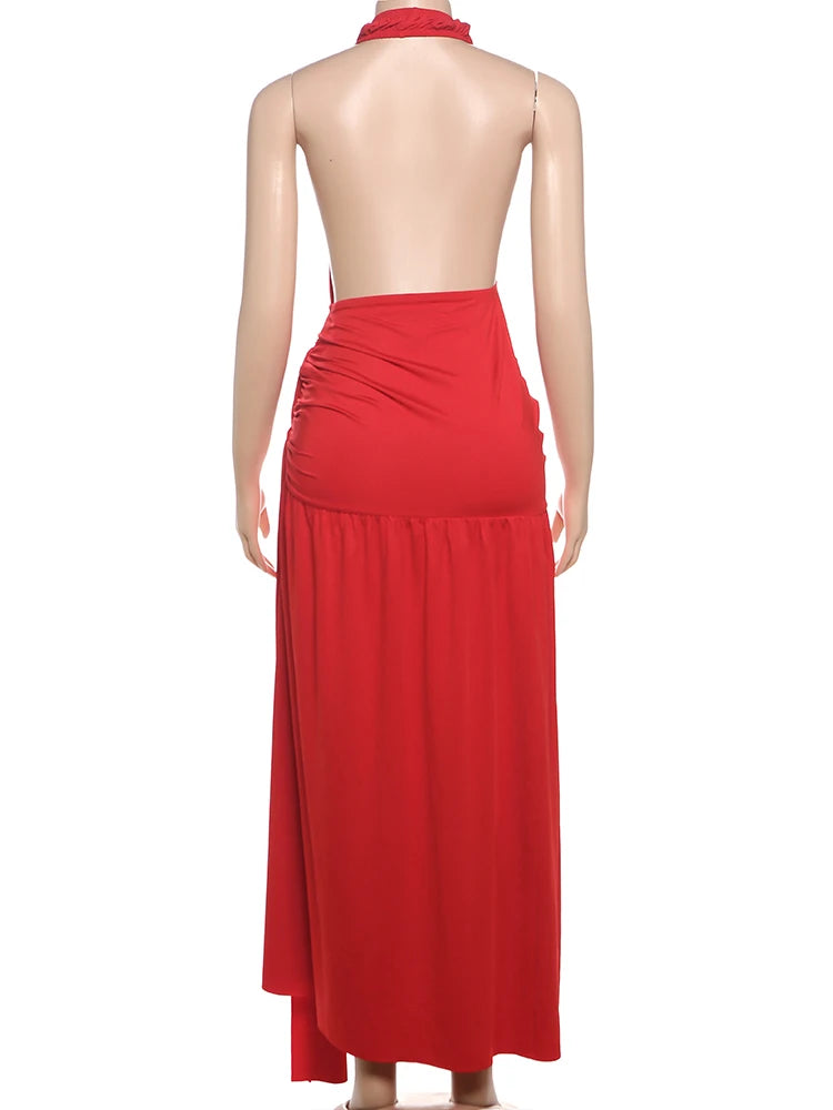 Aiertu  -  Low-Neck Women Dress Sexy Ruched Halter Cleavage Sleeveless Bandage Tassel Ruffles Trend Backless Coquette Long Bodycon Aiertu