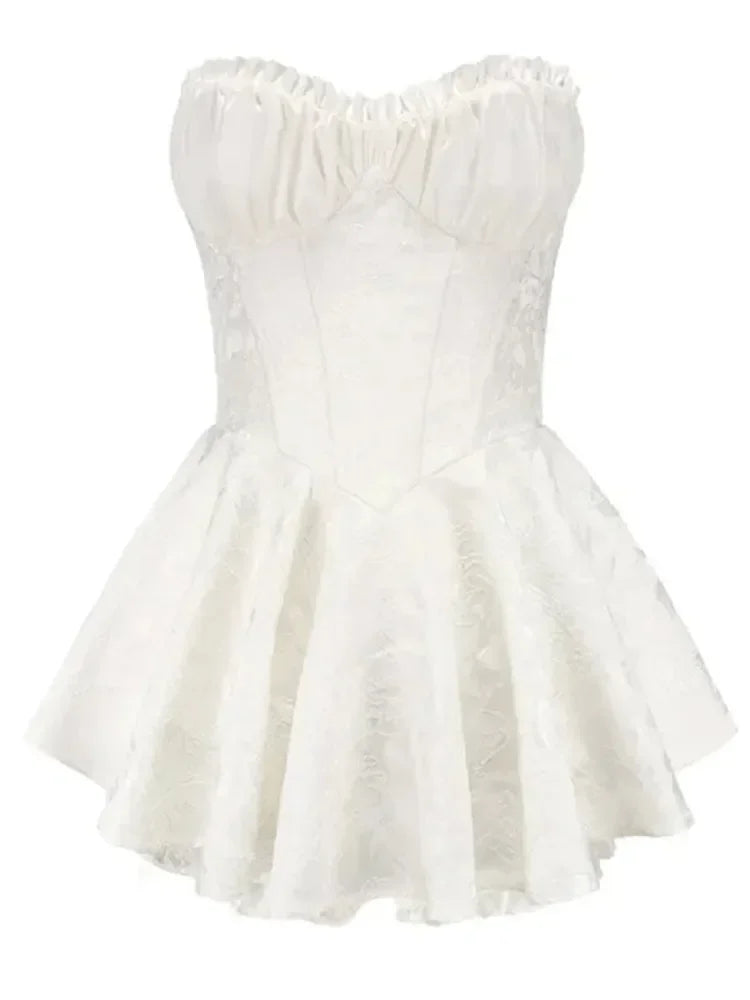 Aiertu  -  Fashion White Print Strapless Pleated A-line Dress Sexy Sleeveless Backless High Waist Mini Dresses Elegant Lady Party Robes Aiertu