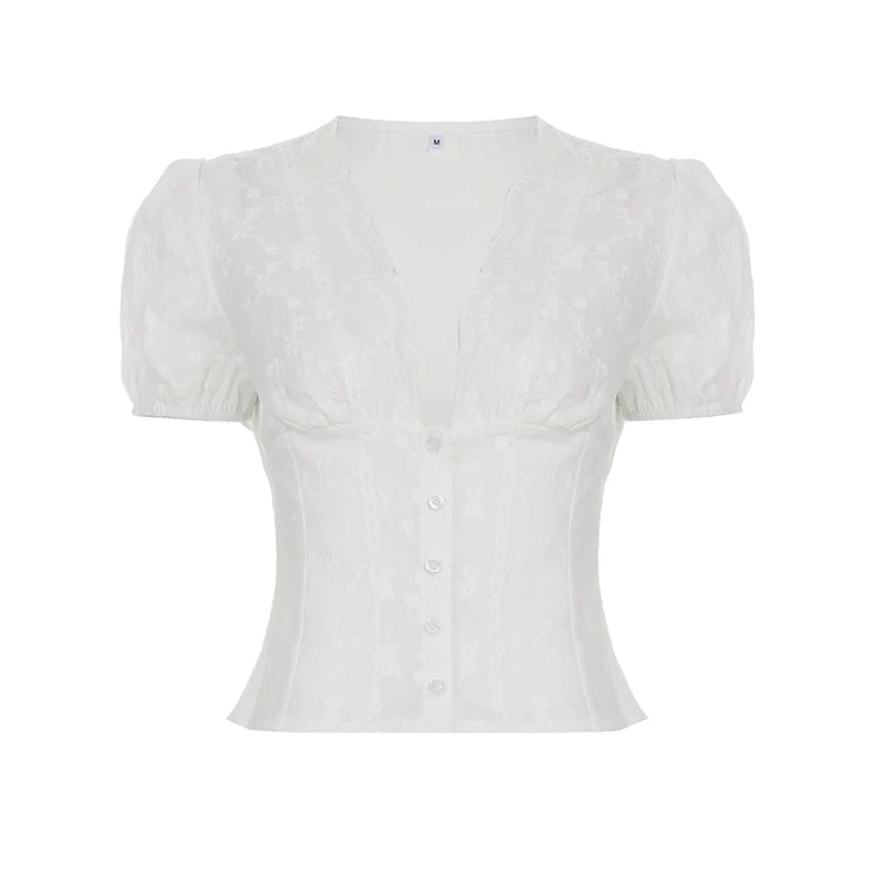 Aiertu  -  Y2K Bow Textured Waist Cinching Shirts Women Summer Puff Sleeve V-Neck Cardigan Tops Cutecore Button-Fly Girls Blouse Aiertu