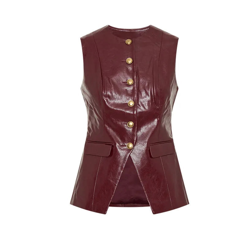 Aiertu  Fashion Leather Mini Skirt Sets Women Sleeveless Button Vest Jacket Hip Package Short Skirt Suits 2025 Female Motorcycle Outfits Aiertu