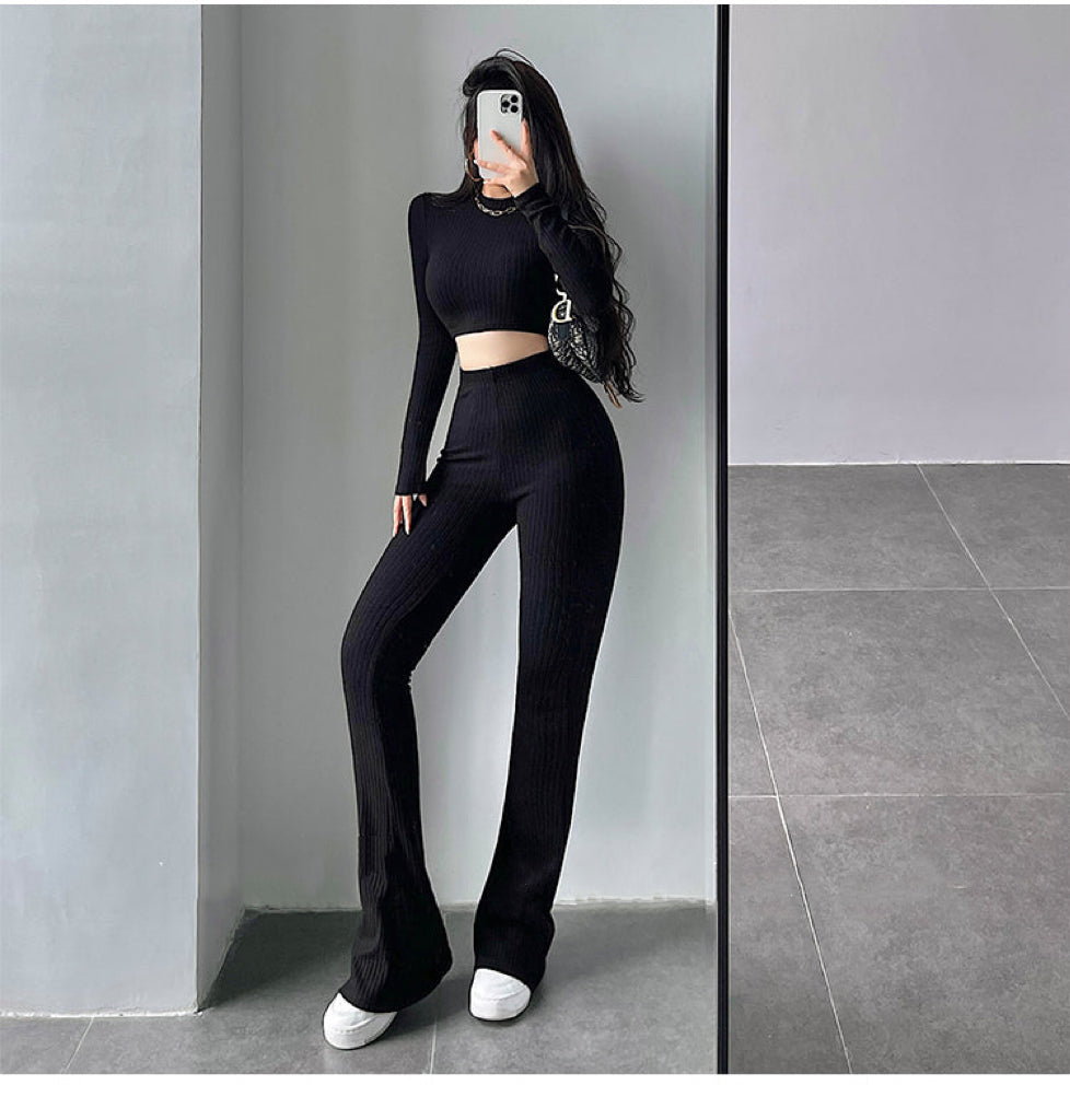 Aiertus Solid Color Ribbed Slim Long Sleeve Cropped Top High Waist Pants Matching Set Aiertu