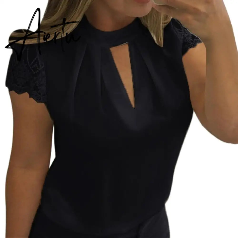5XL Large Size New Women Sexy Lace White Blouse Shirt Ladies Short Sleeve V-neck Casual Slim Chiffon Shirts Blusas Top Mujer Aiertu