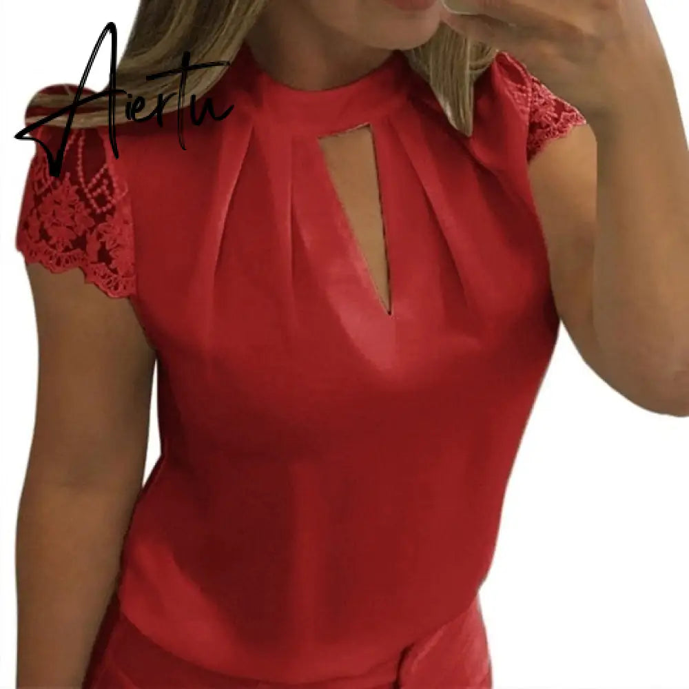 5XL Large Size New Women Sexy Lace White Blouse Shirt Ladies Short Sleeve V-neck Casual Slim Chiffon Shirts Blusas Top Mujer Aiertu