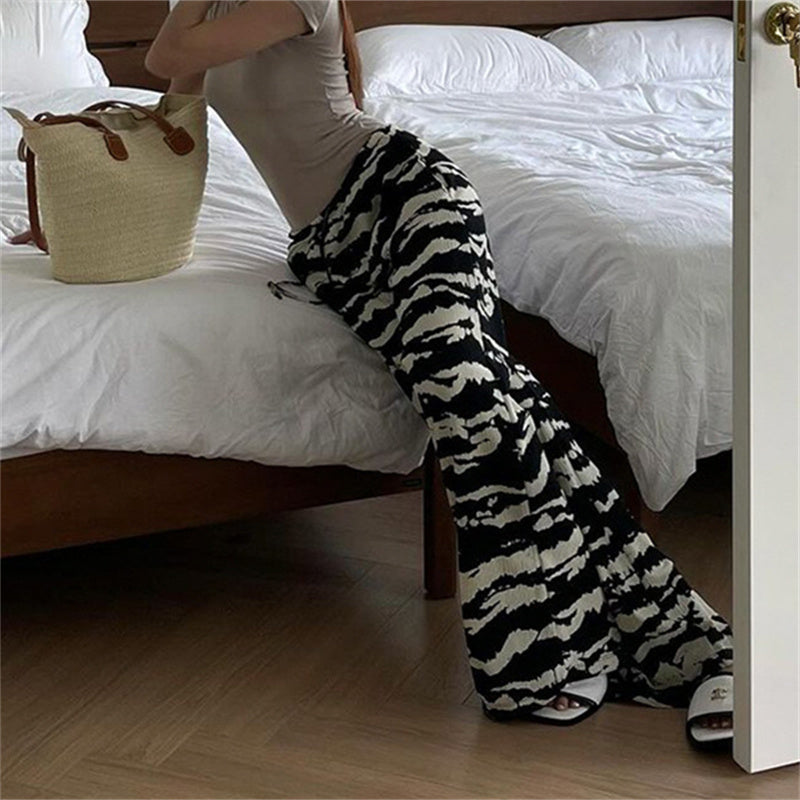Aiertu  -  -Y2K Pants Women Zebra Print Knit Wide Leg Pants Streetwear Drawstring Elastic Straight Trousers Casual All Match Chic Outfits Aiertu