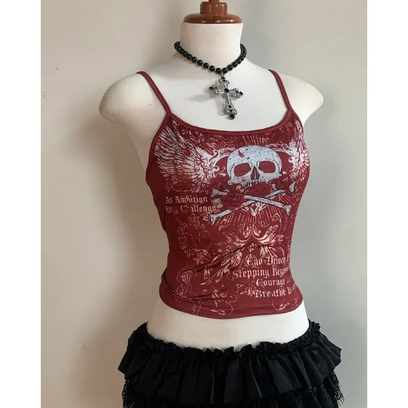 Aiertu  -  American sexy cotton skull Gothic printed suspender T-shirt for women 2025 summer new aesthetic niche simple hip-hop vintage top Aiertu