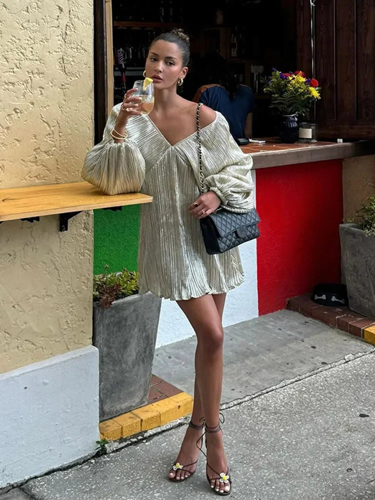 Aiertu  -  Shiny Summer Pleated Mini Dress For Women V Neck Lantern Long Sleeve Short Dresses Relax Fit Fashion Lady Street Vestidos Female Aiertu