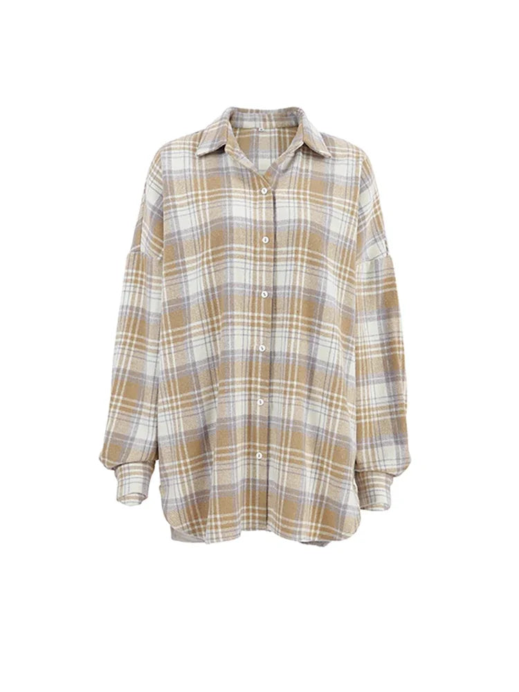Aiertu  -  Women Vintage Long Sleeve Check Shirts Female Spring Fashion Casual Turn Down Collar Office Single Breasted Blouse Aiertu