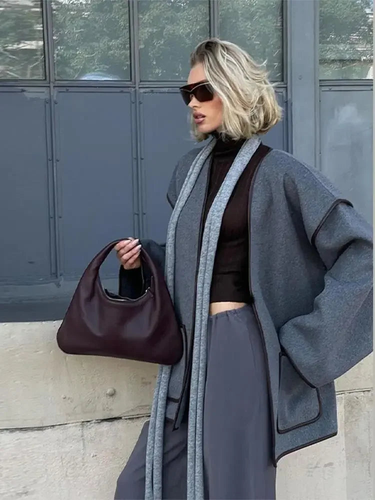Aiertu  -  Fashion Gray Woollen Woollen Short Overcoat With Belt Casual V Neck Long Sleeves Pocket Cardigan Autumn Chic Lady Street Coat Aiertu