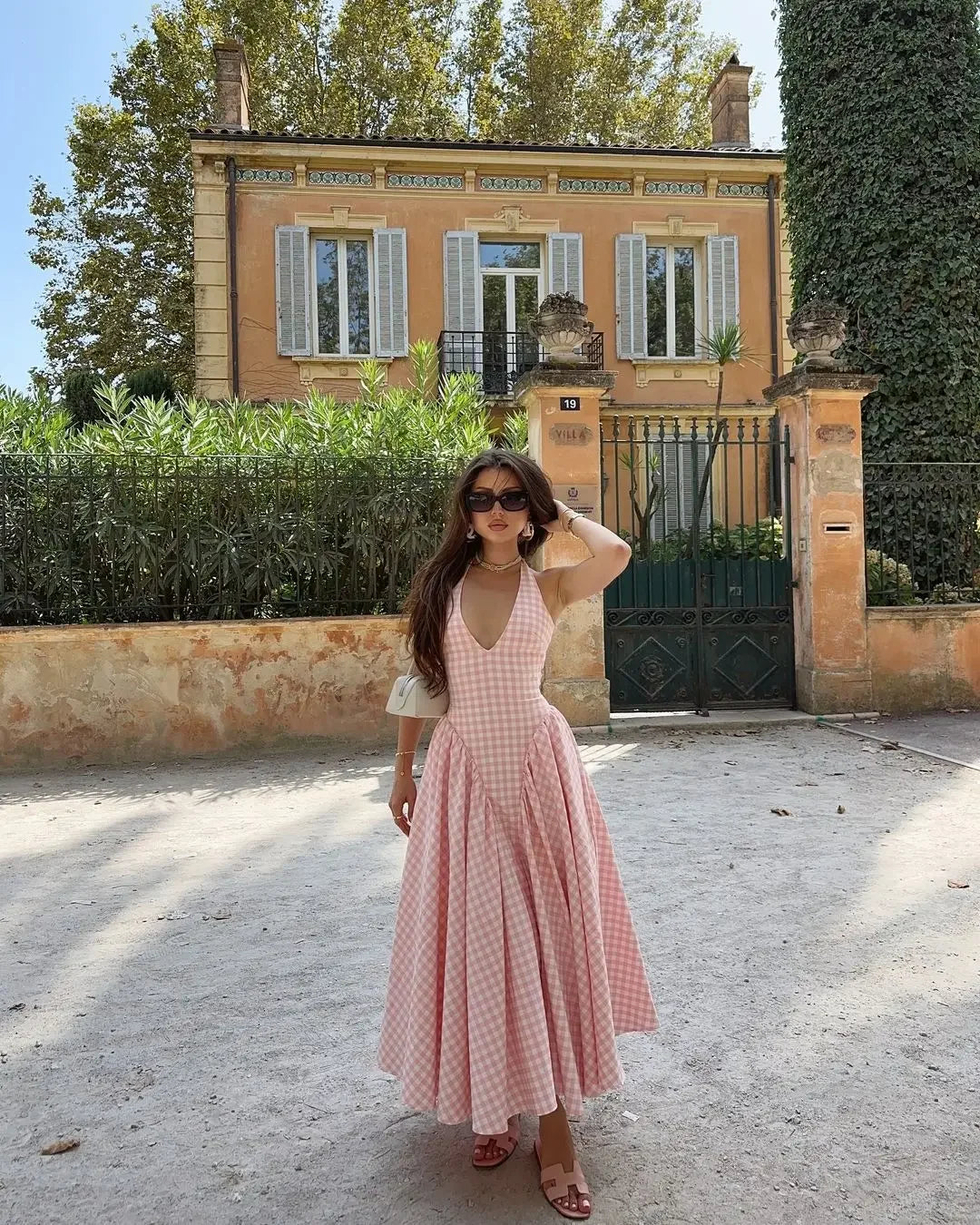 Aiertu  -  Fashion Pink Plaid Print Halter Dress Women Sexy V-neck Off Shoulder Pleated A-line Dresses 2026 High Street Vacation Vestido Aiertu