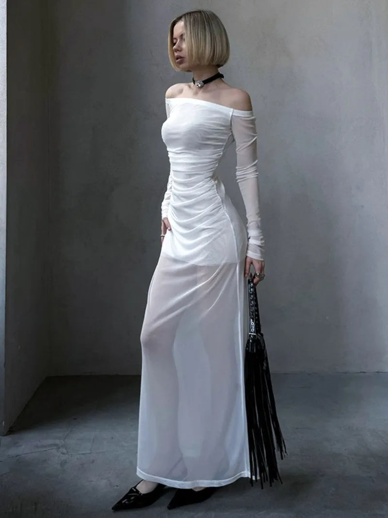 Aiertu  -  Womens Elegant Slash Neck Long Sleeve Mesh Dress 2026 Sexy Female See Through High Waist Folds Slim Fit Long Dresses White Black Aiertu