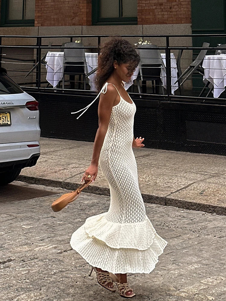 Aiertu  -  Sexy Knit Hollow Out Mermaid Dress for Women Sleeveless Backless Shirring Knit See Through Elegant Beach Vacation Clubwear Robe Aiertu