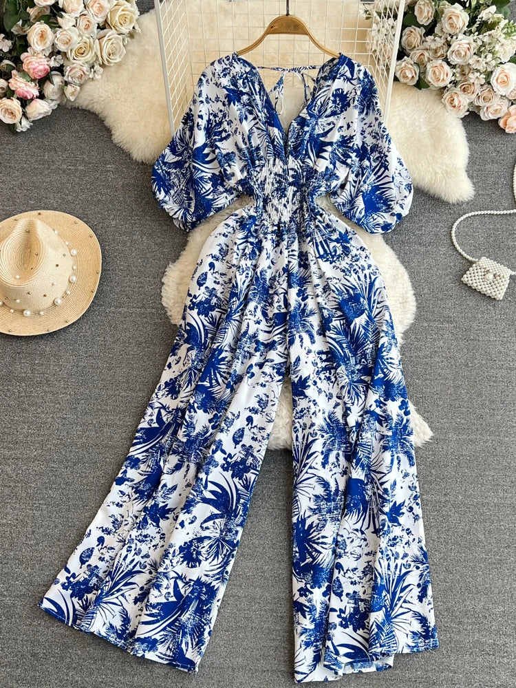 Aiertu Summer Women Sexy V-Neck Puff Sleeve Printed Romper Female Black/Red/Blue/Yellow Wide Leg Jumpsuits Vacation Beach New Fashion Aiertu