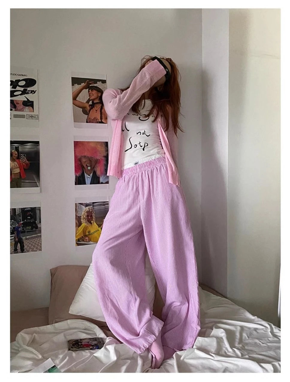 Aiertu  -  Blue Stripe Pants Women Y2k Fake Two Piece Wide Leg Sweatpants Baggy Kpop Sport Trousers Hip Hop Harajuku Summer Bottoms Aiertu