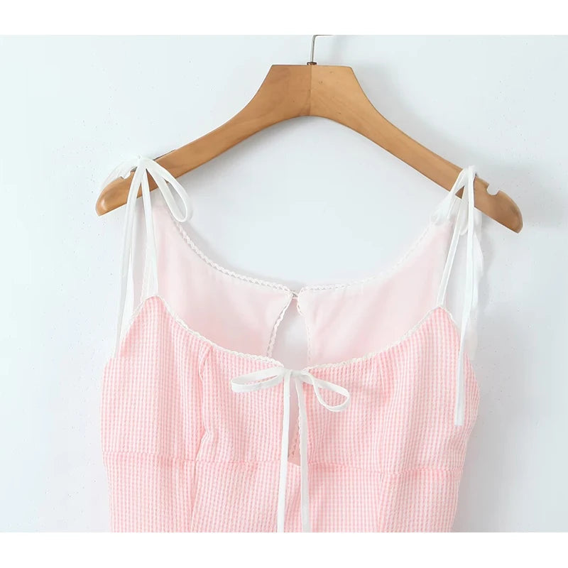 Aiertu  -  New Women Mesh Patchwork Pink Striped Sling Mini Dress Sexy Low Waist O Neck A-line Holiday Summer Dresses Sweet Robe Aiertu