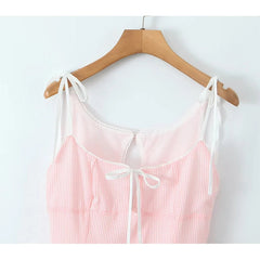 Aiertu  -  New Women Mesh Patchwork Pink Striped Sling Mini Dress Sexy Low Waist O Neck A-line Holiday Summer Dresses Sweet Robe Aiertu