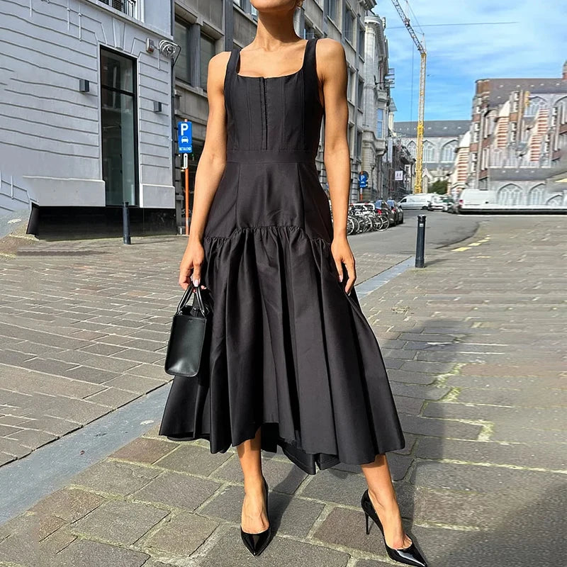Aiertu  -  Maxi Dress Women Summer Casual Fashion Square Neck Print Suspender Sleeveless Pleated Backless Party Maxi Dresses Aiertu
