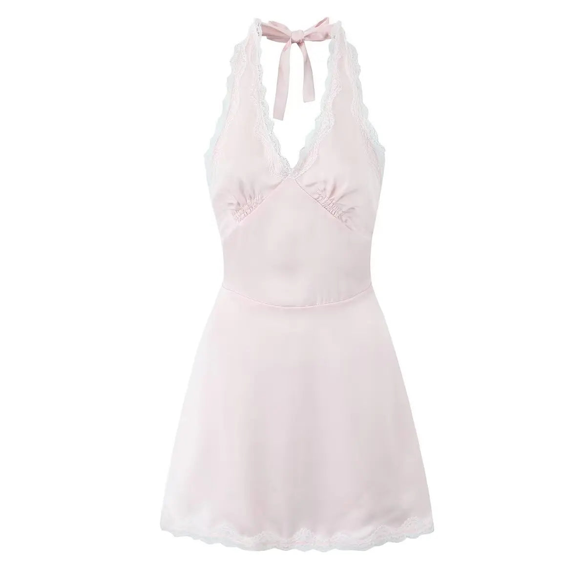 Aiertu  -  Sexy Backless Lace Patchwork Halter Dress For Women A-line Mini Holiday Summer Dresses French Style Polka Dot Short Robe Aiertu