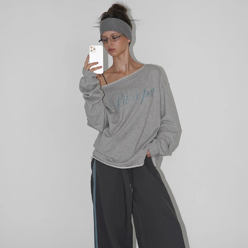 Aiertu  Letter Print Long Sleeve Skew Collar Loose Casual Irregular T-Shirt Fashion Vintage Tops Autumn Streetwear Sweatshirt Aiertu