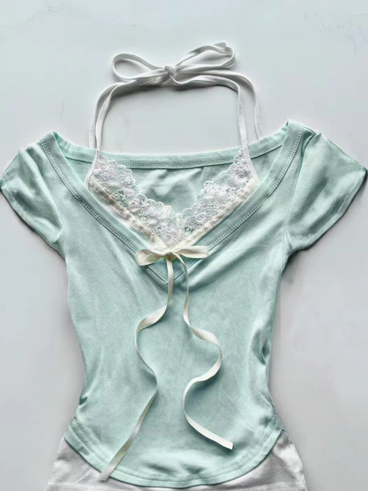 Aiertu  -  Y2k Aesthetic Fake Two Pieces Halter Bandage T-shirts Summer Women Lace Patchwork Crop Tees Streetwear Grunge Bow Bodycon Tops Aiertu