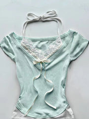 Aiertu  -  Y2k Aesthetic Fake Two Pieces Halter Bandage T-shirts Summer Women Lace Patchwork Crop Tees Streetwear Grunge Bow Bodycon Tops Aiertu