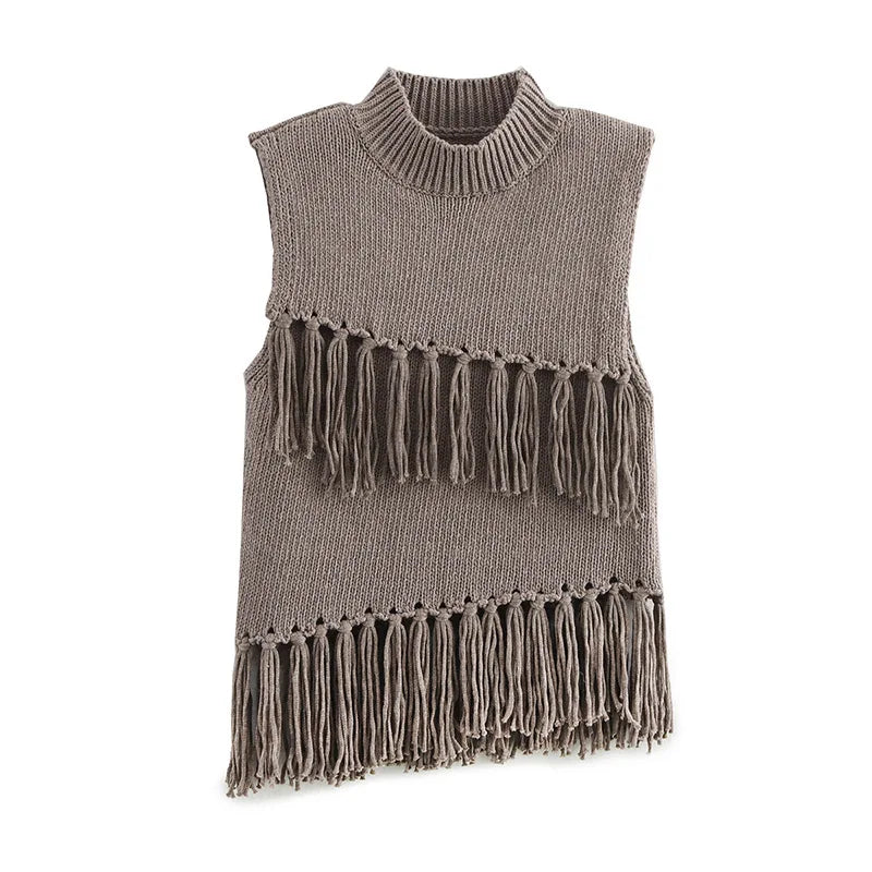 Aiertu  -  Tassels Knit Vests Women Casual Loose Half Neck Sleeveless Hollow Out Vest Female Fashion Solid Soft New Knitwears Lady Aiertu