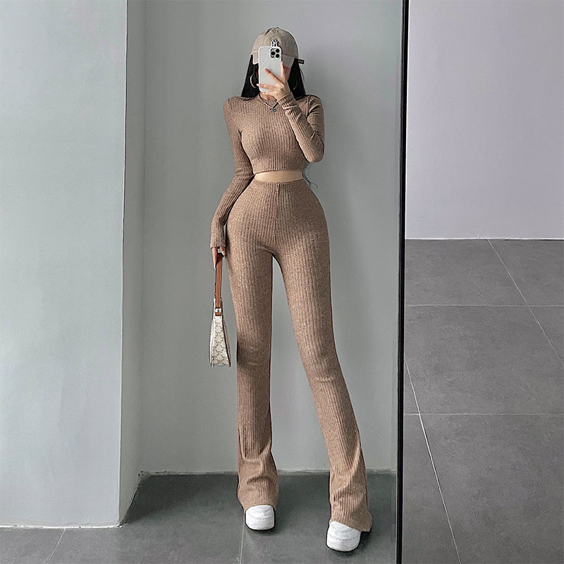 Aiertus Solid Color Ribbed Slim Long Sleeve Cropped Top High Waist Pants Matching Set Aiertu