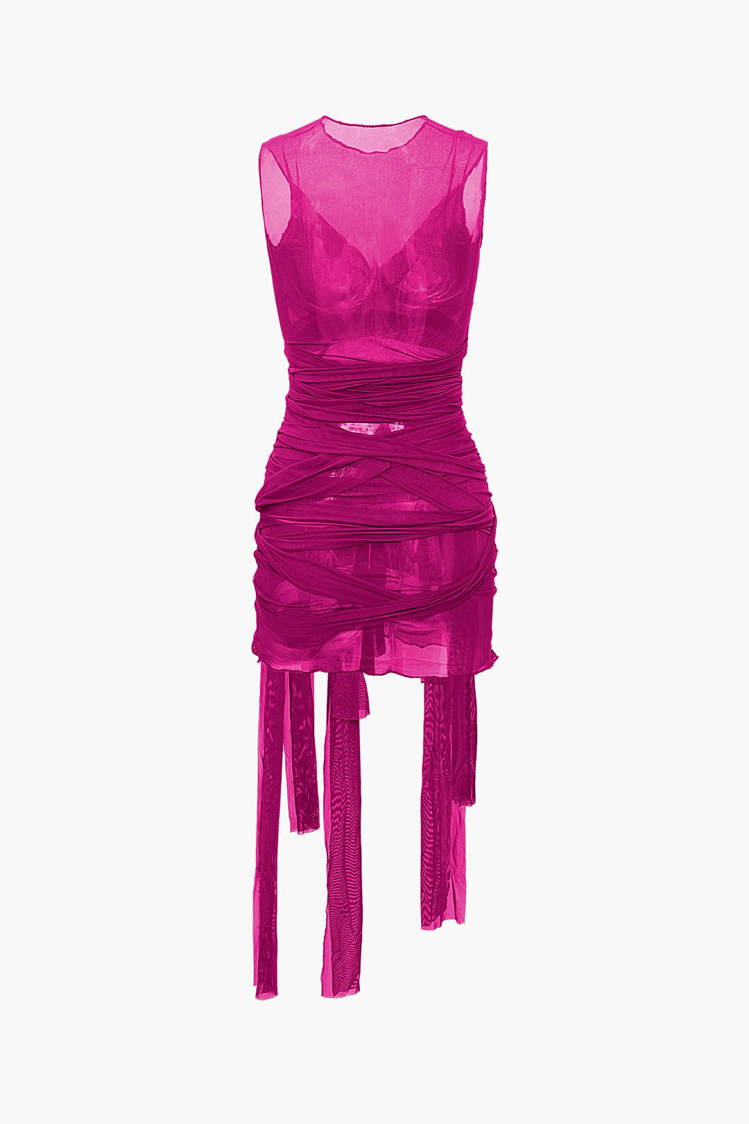 Aiertu  Sheer Mesh Wrap Tie Ribbon Mini Dress Aiertu