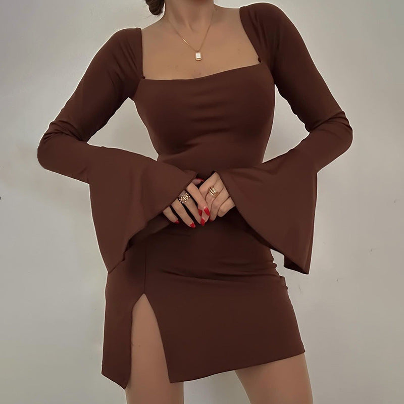 Aiertu - Solid Color Backless Flare Sleeve Mini Dress Aiertu