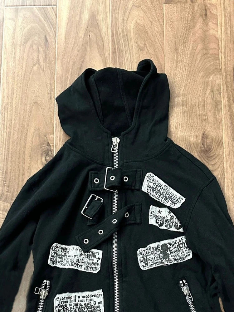 Aiertu  -  Vintage Skull Printing Harajuku Hoodies Preppy Style Casual Zipper Hooded Jacket Y2k Aesthetic Pocket Sweatshirt Women Grunge Aiertu