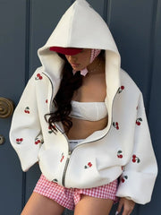 Aiertu  -  Cherry Printed Sweatshirt  Women Hooded Zipper Full Sleeve Thicken Lady Coats 2025 Spring Autumn Fashion Female Jacket Tops Aiertu