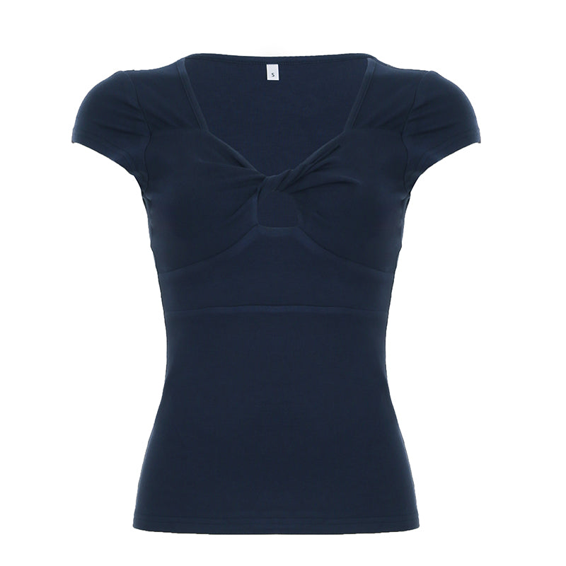 Aiertu  -  Chest Hollow Out Top Elegant Slim-fitting Short Sleeve T-shirt Summer Chic Basic Square Collar Tops Retro Streetwear Aiertu