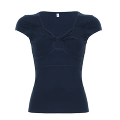 Aiertu  -  Chest Hollow Out Top Elegant Slim-fitting Short Sleeve T-shirt Summer Chic Basic Square Collar Tops Retro Streetwear Aiertu