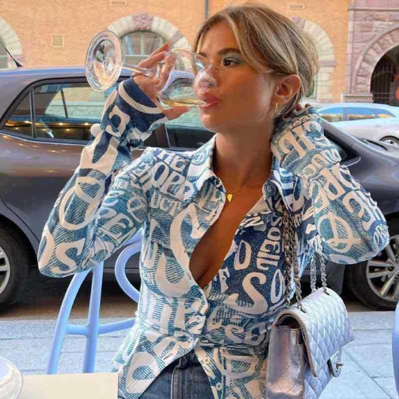 Aiertu  -  Letter Print Long Sleeve T Shirts Blue Sexy Women V Neck Black Autumn Summer Casual Crop Tops Fashion Aiertu
