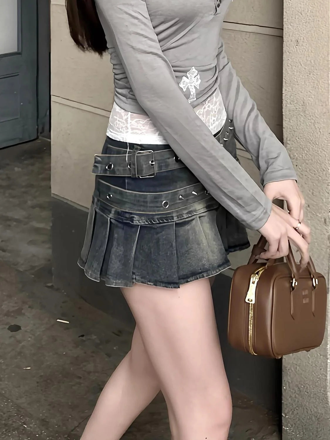 Aiertu  -  American Millennial Hot Girl Large Size Wash Heavy Work Double Belt Design Denim Pleated Skirt Women Fashion Design Skirt Aiertu