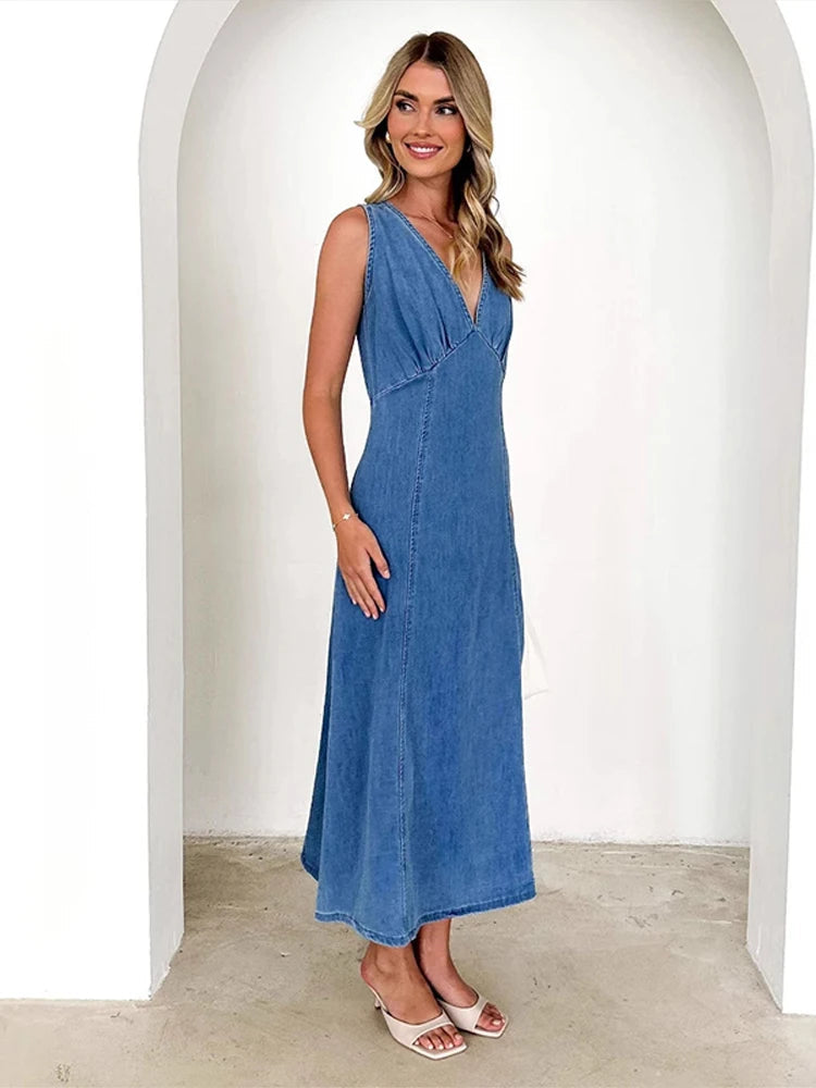 Aiertu  -  Vintage V-neck Woman's Denim Dress Baggy Sleeveless Maxi Dress Distressed Soild Long Skirt Summer Spring Elegant Lady Skirts Aiertu