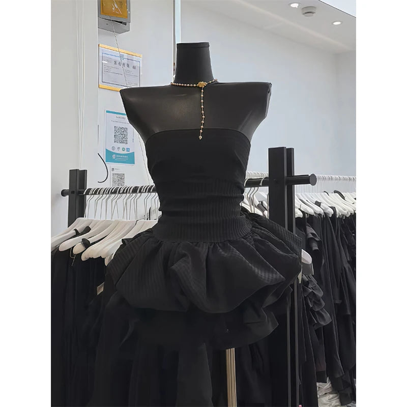 Aiertu  -  Vintage Black Mini Dress Women Party Prom Sexy Strapless Ball Gown Dresses Summer Korean Bodycon Design A Line Vestidos Aiertu