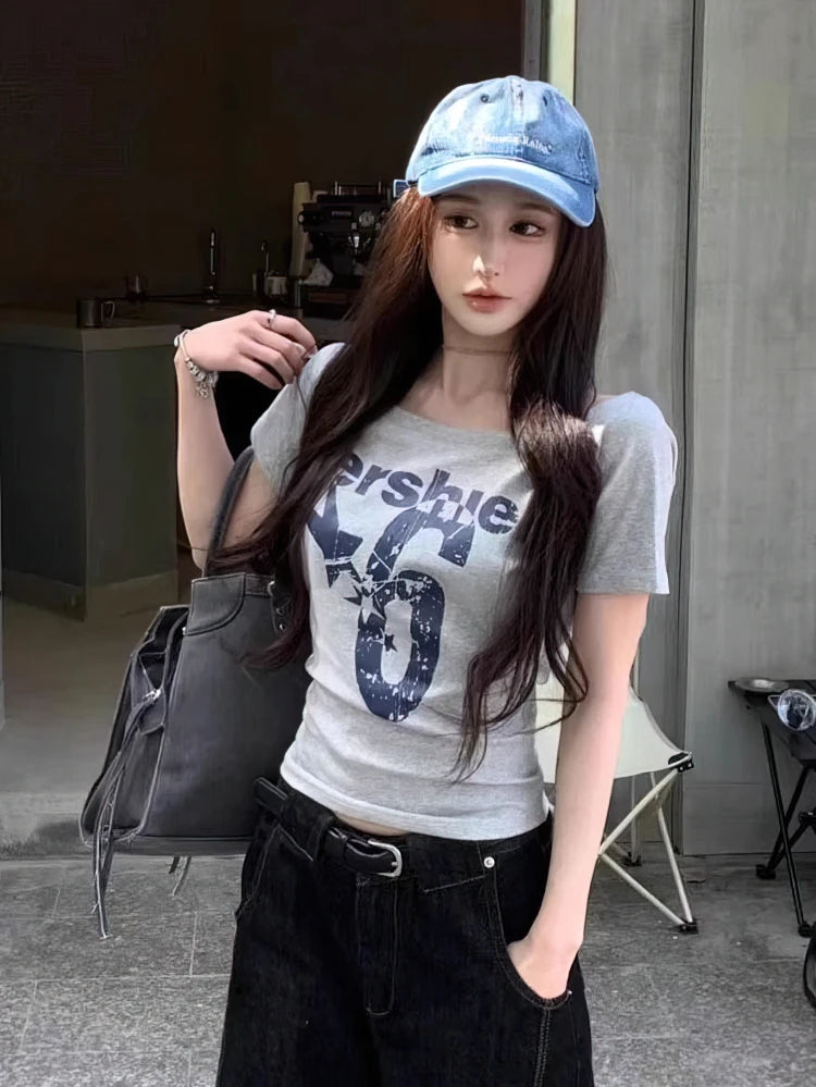 Aiertu  -  Y2k Sport Summer Off shoulder Top Women Sexy Vintage 2000s Short sleeve T shirt  Lady Body Basic Crop Top Female Casual Aiertu