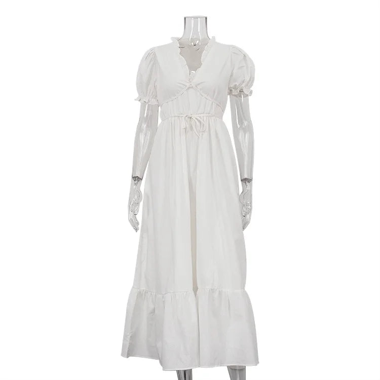 Aiertu  -  Summer White Elegant Holiday Long Dresses Women 2026 New V Neck Lace-up Puff Sleeve Maxi Dress Casual Fashion A-line Vestidos Aiertu