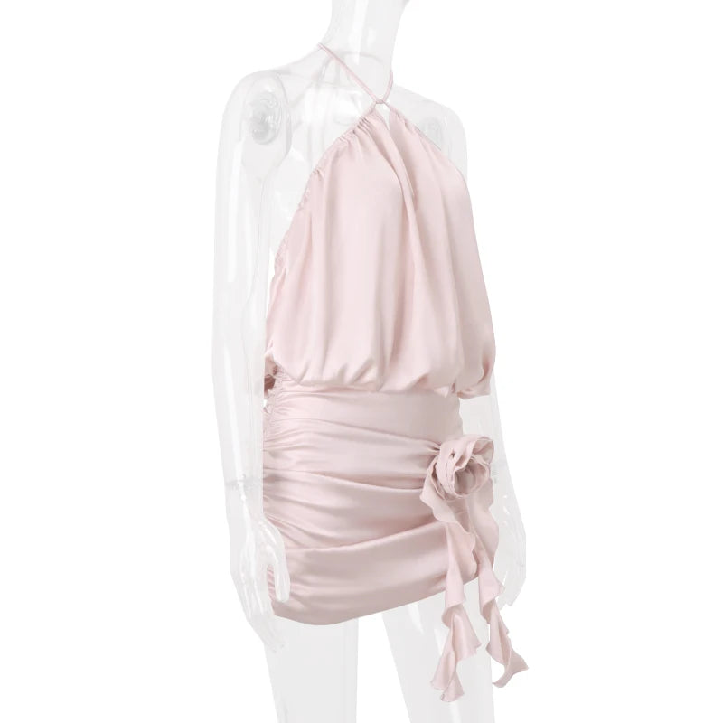 Aiertu  Halter 3D Flower Backless Sexy Sleeveless Satin Solid Mini Dress Elegant Spring New Prom Party Evening Women Vestidos Aiertu