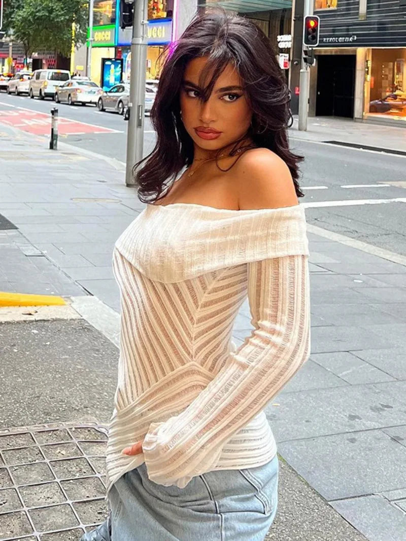 Aiertu  -  2026 Fall Woman Clothing Slash Neck White T-shirts Fashion Off Shoulder Irregular Tee Shirt Streetwear Female See-through Tops Aiertu