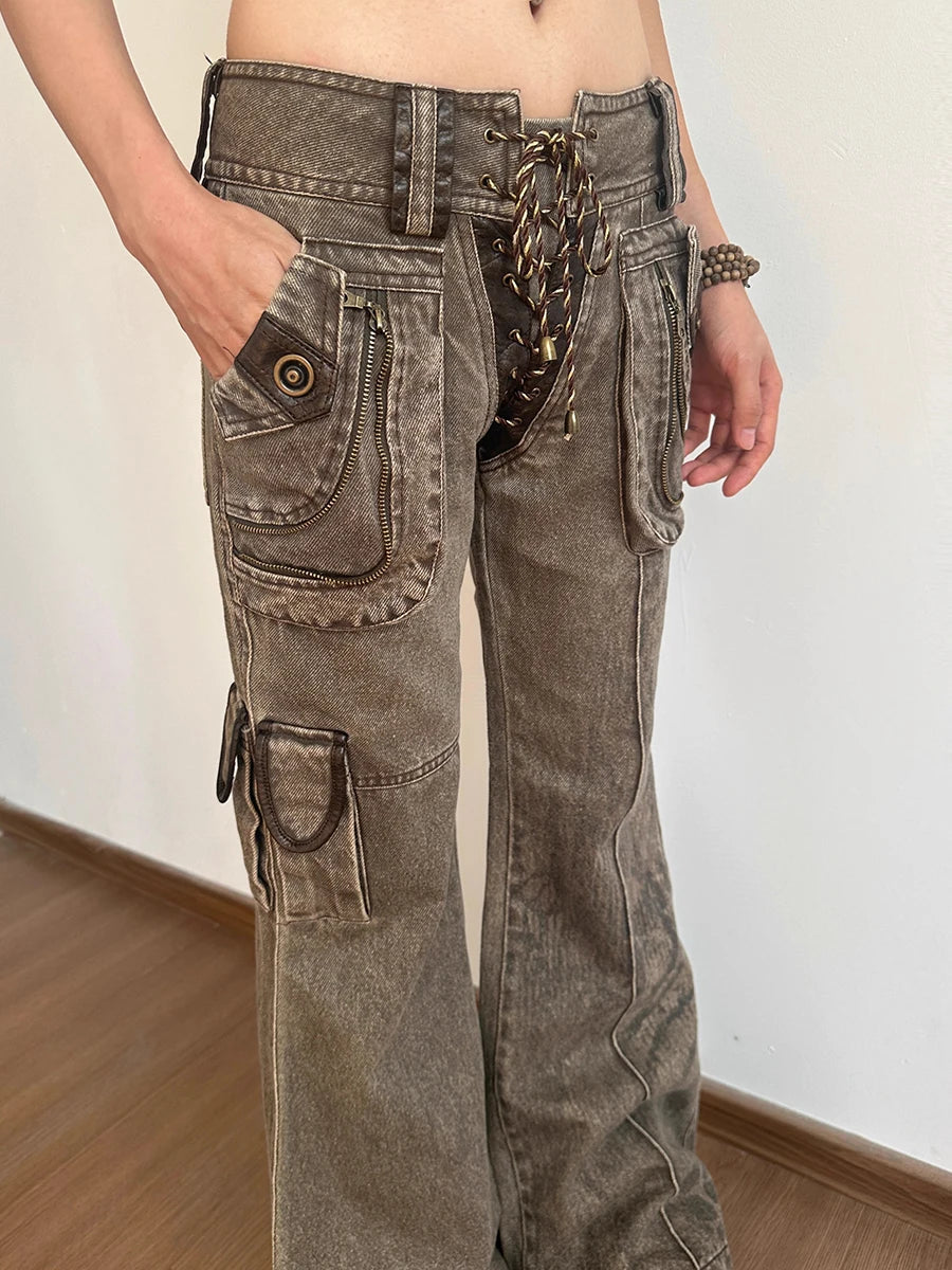 Aiertu  -  Cowgirl Lace Up Low Waist Cargo Jeans Do Old Zipper Decor Distressed Brown Boot Cut Pants 90s Retro Women Streetwear Aiertu