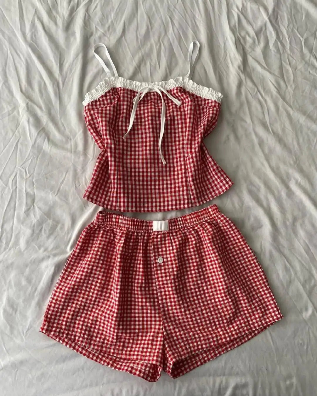 Aiertu  -  Harajuku Leisure Home Two Piece Sets Women Outfits Red Checkered Striped Pattern Y2k Summer Clothing for Women Camisole Shorts Aiertu
