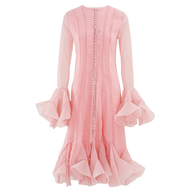 Aiertu  -  Women Irregular Pleated Patchwork Dress Fashion Long Flare Sleeve Waist Cinching Mini Dresses 2025 New Ruffles Slim Party Dress Aiertu