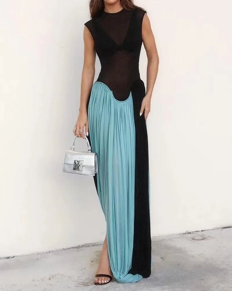 Aiertu  -  Women Vacation Clothing Vestidos Elegantes Para Mujeres Black Mesh Sheer Patchwork Blue Long Luxury Dress For Summer Aiertu