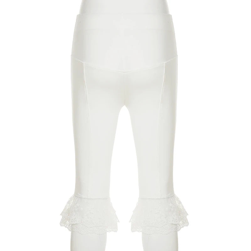 Aiertu  -  Holiday Solid Lace Trim Bandage Knee Length Pants Sweet Slim Mid-Waisted Pants Women 2026 Summer Fashion Streetwear Lady Aiertu